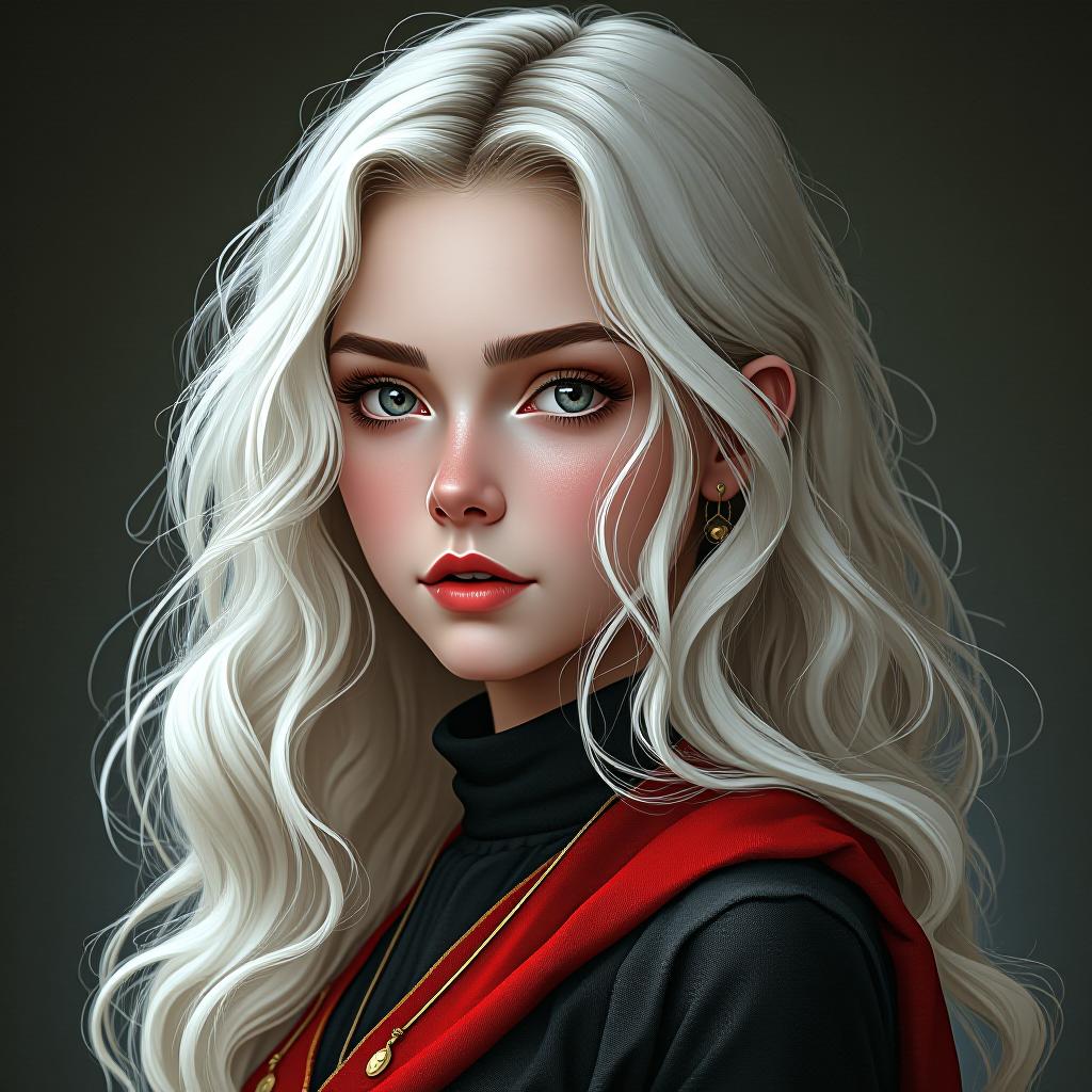  scarlette maeve hair : white long wavy eyes : silver age 18 house : gryffindor (black dark red and gold) (harrypottter style) protronus : cardinal half blood female medium chest, award winning, professional, highly detailed, masterpiece