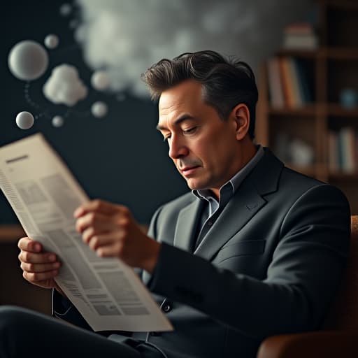  elon musk reading reading the news on newspaper, with a thinking cloud on which 'ozi technology's success' is written. hyperrealistic, full body, detailed clothing, highly detailed, cinematic lighting, stunningly beautiful, intricate, sharp focus, f/1. 8, 85mm, (centered image composition), (professionally color graded), ((bright soft diffused light)), volumetric fog, trending on instagram, trending on tumblr, HDR 4K, 8K