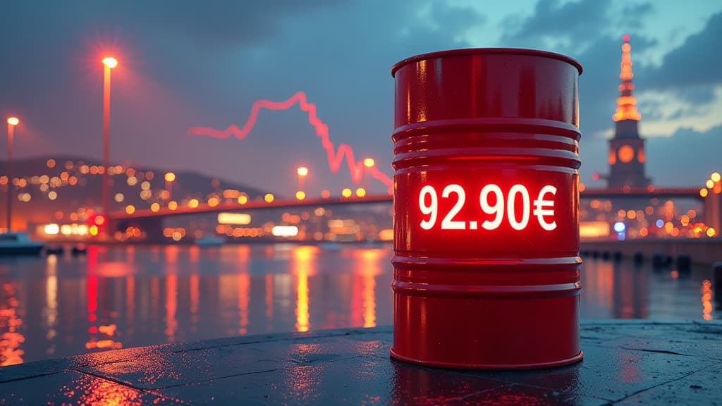  prompt: create an ultra realistic and detailed image showcasing the heating oil market in the city of delmenhorst. the scene should feature a vibrant cityscape background with iconic landmarks of delmenhorst subtly integrated. in the foreground, depict a meticulously rendered 100 liter heating oil barrel prominently displaying the price of 92.90 euros. surround the barrel with fluctuating price charts and graphs symbolizing the daily market trends, both globally and locally. incorporate a clock