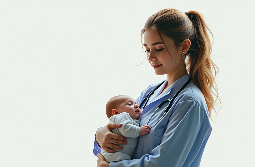  professional detailed photography, girl doctor holding a baby in her arms, in medical clothes, on a white background, sunny day ar 3:2, (muted colors, dim colors, soothing tones), (vsco:0.3)