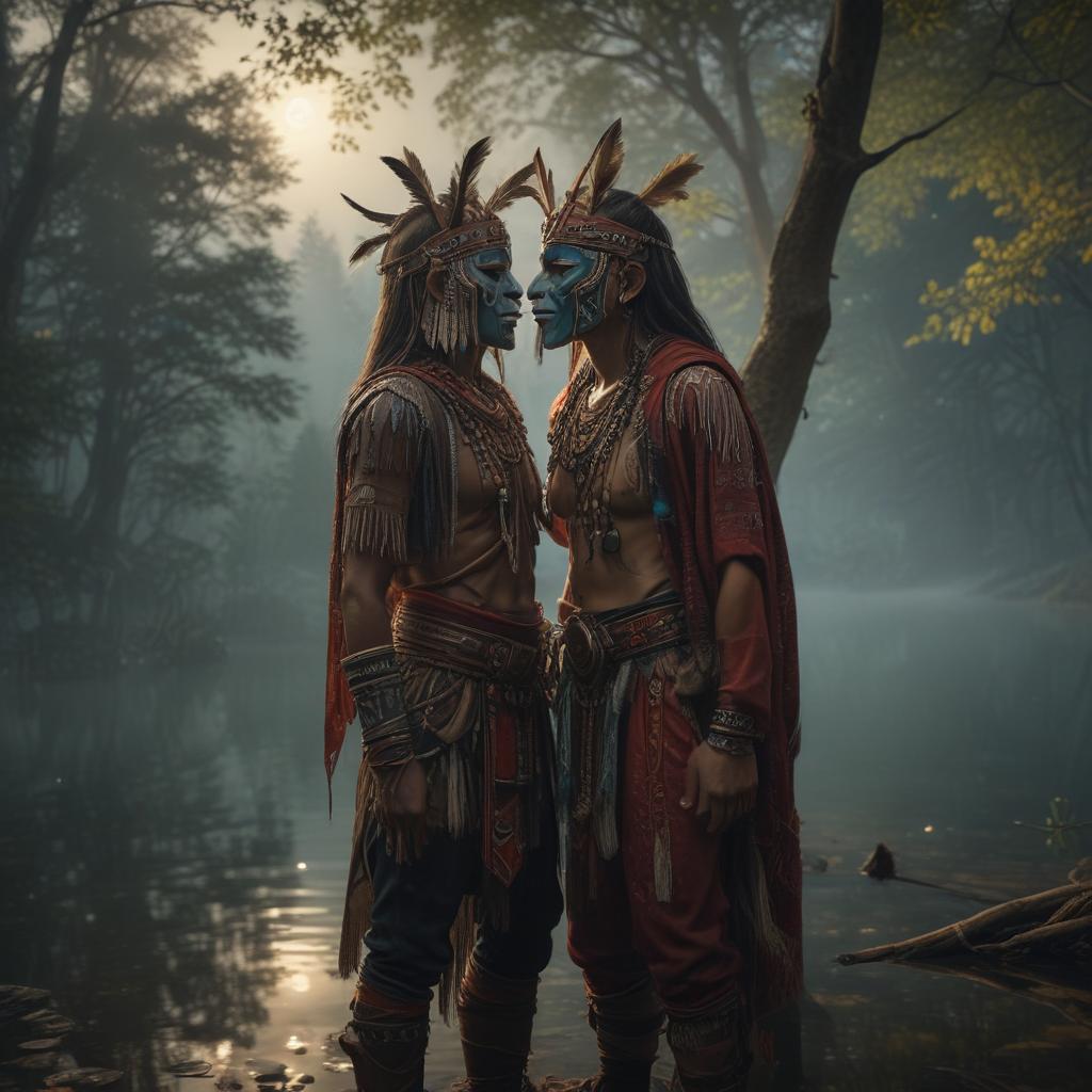 ((masterpiece)),(((best quality))), 8k, high detailed, ultra detailed, A tribe couple kiss in the face, tribal masks hanging on trees, moonlit forest setting, reflections in a tranquil lake, mystical aura hyperrealistic, full body, detailed clothing, highly detailed, cinematic lighting, stunningly beautiful, intricate, sharp focus, f/1. 8, 85mm, (centered image composition), (professionally color graded), ((bright soft diffused light)), volumetric fog, trending on instagram, trending on tumblr, HDR 4K, 8K