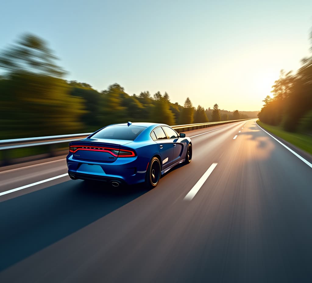  rear view of blue business car on high speed in turn. blue car rushing along a high speed highway.