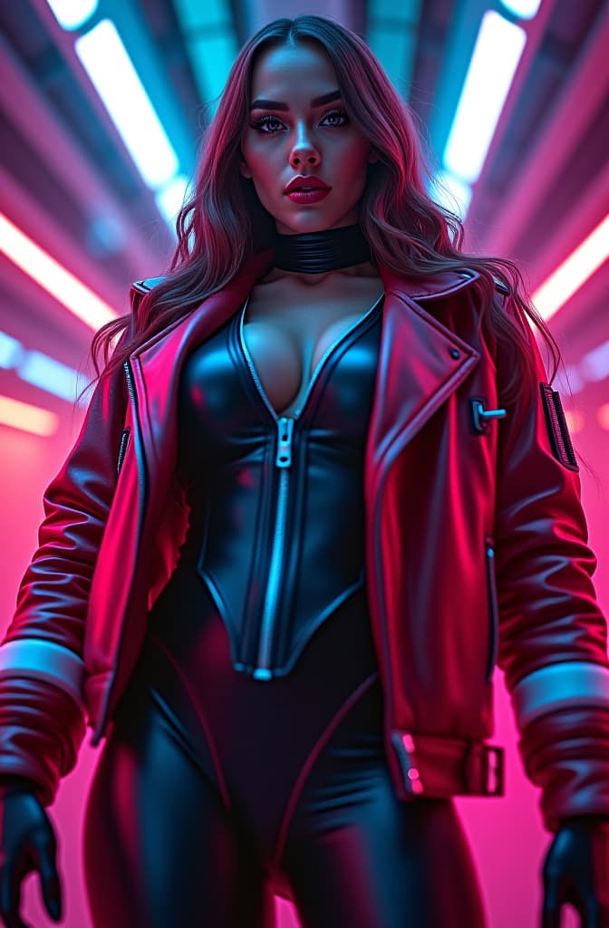  , , , , big lips, fat ((shot from the below)), proper, (((fashion model pose))), ((full body shot)), robo arms, herself, long hair, leather jacket with spikes, deep age, big , wearing neon gles, ultra hd, high details, intricate details, 8k, ((neon space suit)), cyberpunk, full body shot, on her , space interior in the background,, realistic, portrait, art by donato giancola and greg rutkowski, realistic face, digital art, trending on artstation hyperrealistic, full body, detailed clothing, highly detailed, cinematic lighting, stunningly beautiful, intricate, sharp focus, f/1. 8, 85mm, (centered image composition), (professionally color graded), ((bright soft diffused light)), volumetric fog, trending on instagram, trending on tumblr, HDR 4K, 8K