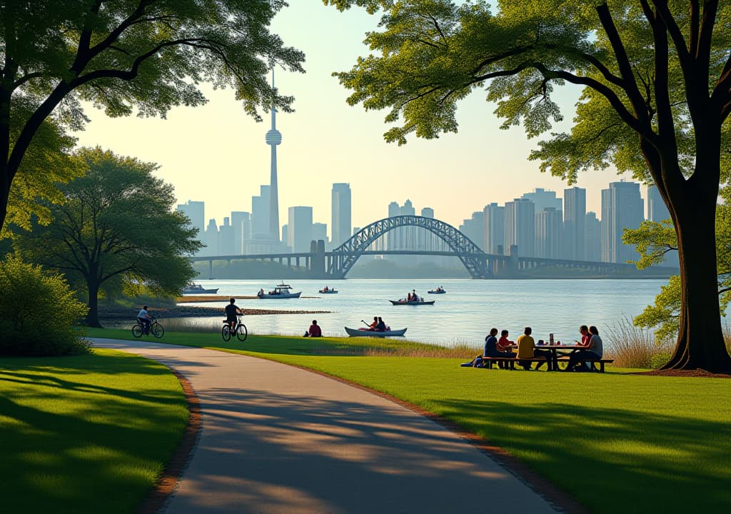  a serene view of humber bay park, featuring scenic walking and biking trails along the waterfront, diverse wildlife, people kayaking and picnicking, and the iconic humber bay arch bridge with the toronto skyline in the background., in the style of photorealistic hyperrealistic, full body, detailed clothing, highly detailed, cinematic lighting, stunningly beautiful, intricate, sharp focus, f/1. 8, 85mm, (centered image composition), (professionally color graded), ((bright soft diffused light)), volumetric fog, trending on instagram, trending on tumblr, HDR 4K, 8K