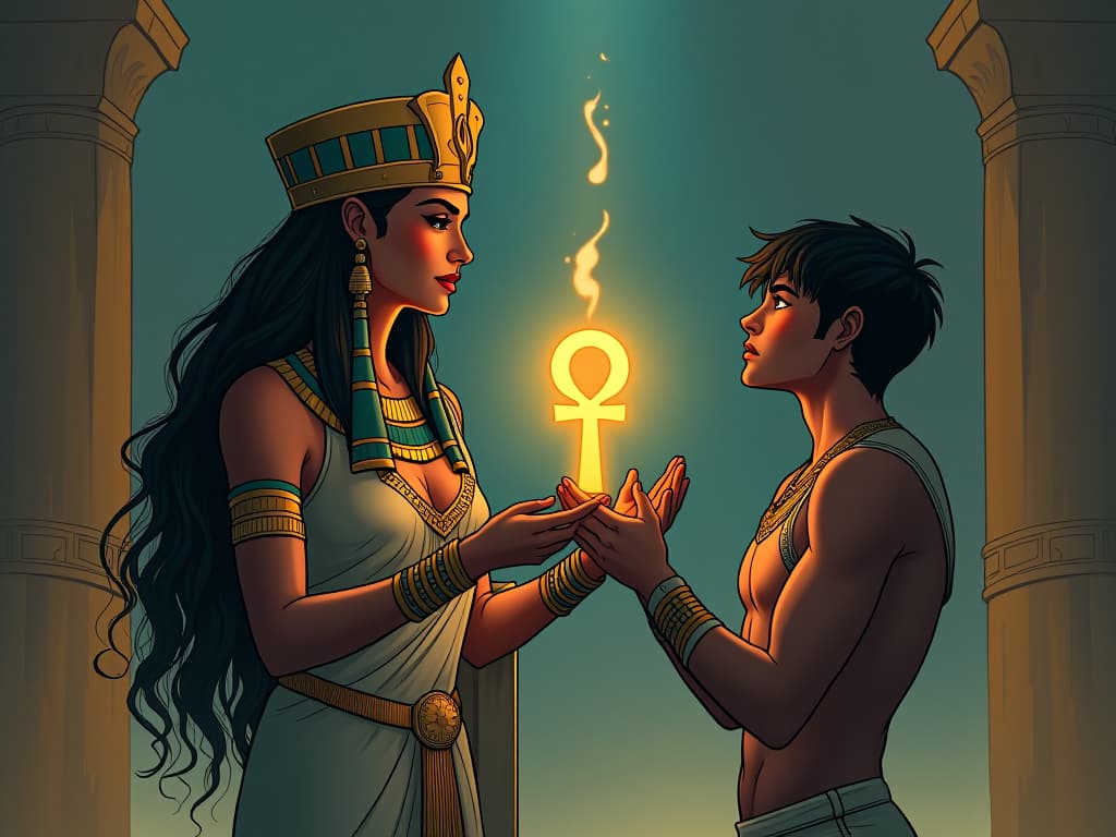  an ancient goddess offering a glowing ankh to a person, sense of audacity and reward, atmosphere of being unapologetically oneself. the style is digital art illustration / modern comic book / mysterious occult, symbolic, esoteric vibe,high detail on character design, incorporating ancient egyptian symbology and attire.