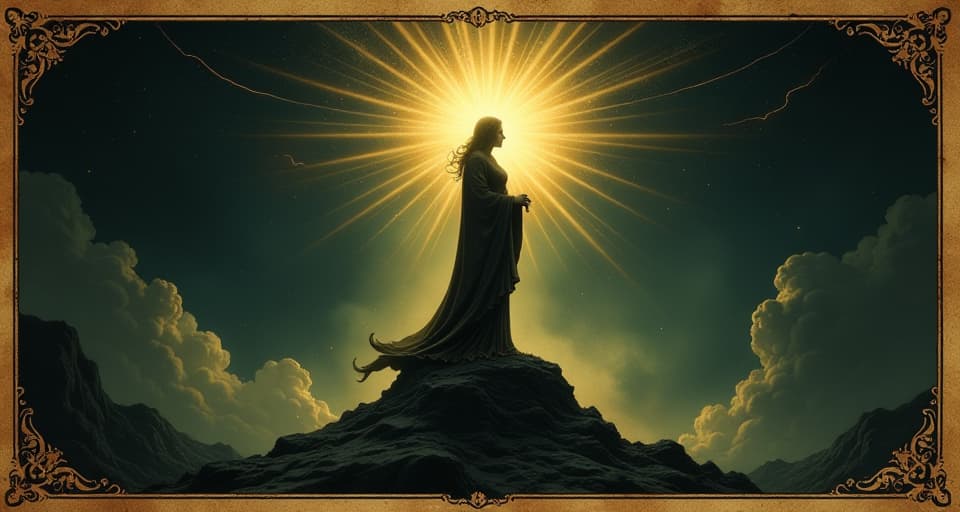  a radiant figure standing on a pedestal, illuminated from above, celestial light, sense of importance and reverence. an illustration in the style of a worn, mystical old tarot trump card, mysterious and elements of surrealism. the colors are muted, somber and eerie, but with contrast bring out an occult and esoteric vibe.