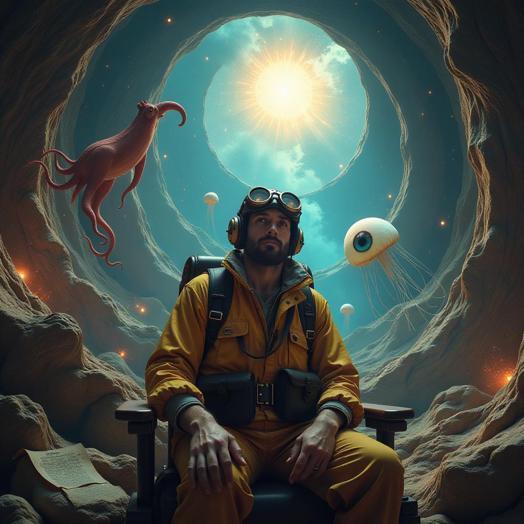  create a high quality, photorealistic image that vividly depicts the following scene: a breathtaking panorama of a surreal dimension ((resembling an otherworldly cosmic library)), with floating oddities an octopus with throbbing hearts, a curved banana reaching for a distant sun, a color shifting reindeer eye, and a radiant jellyfish pulsating with life, glowing bright amongst ancient scrolls and cosmic dust, each signifying mind blowing facts. centered is a wide eyed explorer ((inquisitive, scarred male in vintage aviator gear)), gripping the seat, bracing as he commences this visual roller coaster ride. cinematic lighting casts long shadows, amplifying the sense of awe and discovery. shot on sony alpha 1, leica ultra wide angle, f/ hyperrealistic, full body, detailed clothing, highly detailed, cinematic lighting, stunningly beautiful, intricate, sharp focus, f/1. 8, 85mm, (centered image composition), (professionally color graded), ((bright soft diffused light)), volumetric fog, trending on instagram, trending on tumblr, HDR 4K, 8K