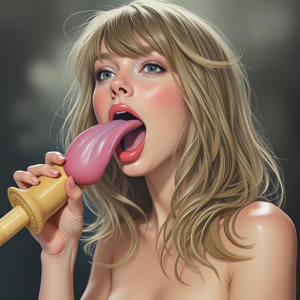  beautiful taylor swift sticking her large flat tongue fully out, covered in sweat, holding a tan colored cylinder with a mushroom at the end, award winning, professional, highly detailed, masterpiece