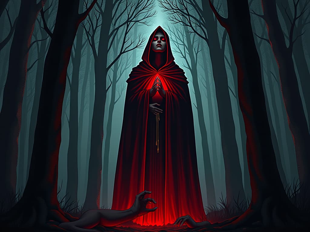  mystical forest, person in red robe with eyes closed, aura of deep intuition. the style is digital art illustration / modern comic book / graphic dark novel fantasy and mysterious occult, symbolic, moody lighting, esoteric vibe,high detail on character design. for the color scheme emphasize blacks and reds.