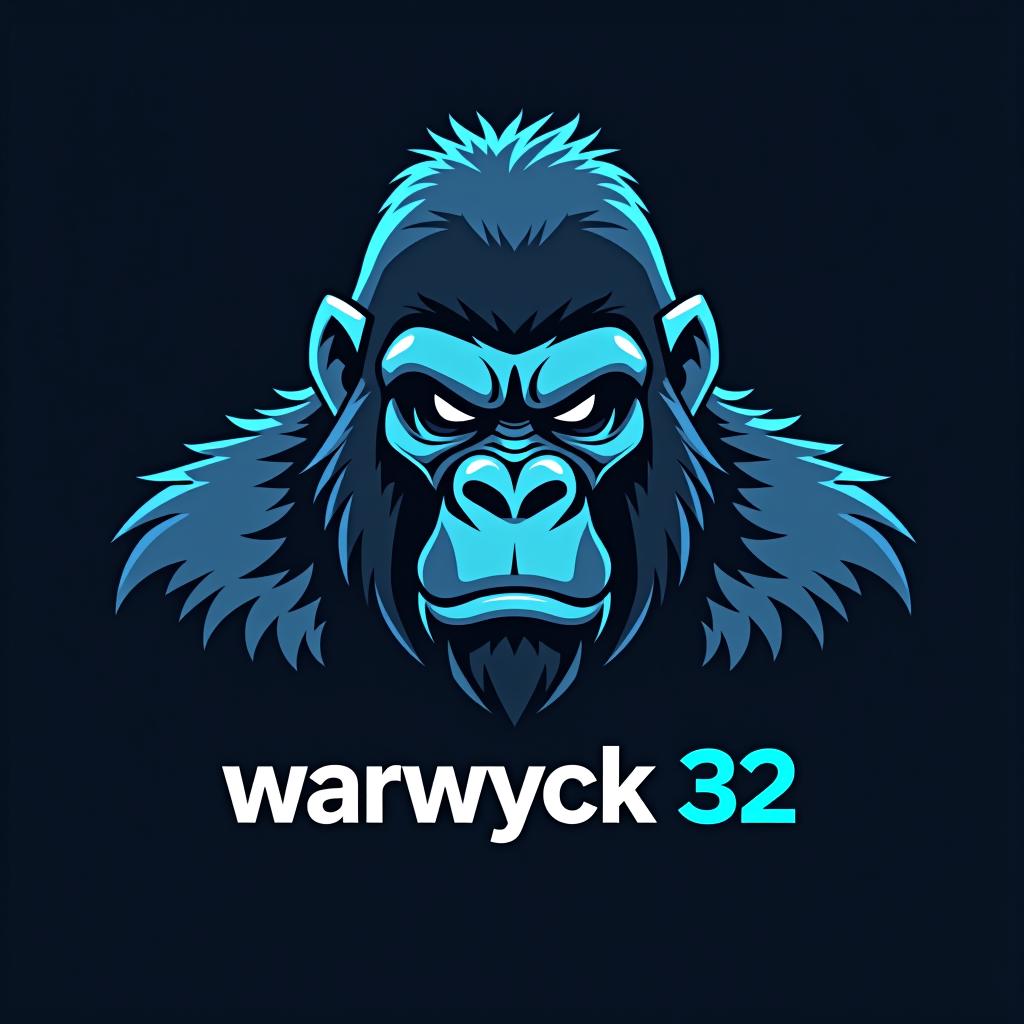  design a logo, in a realism style. electronic gorilla, with the text 'warwyck 32'.