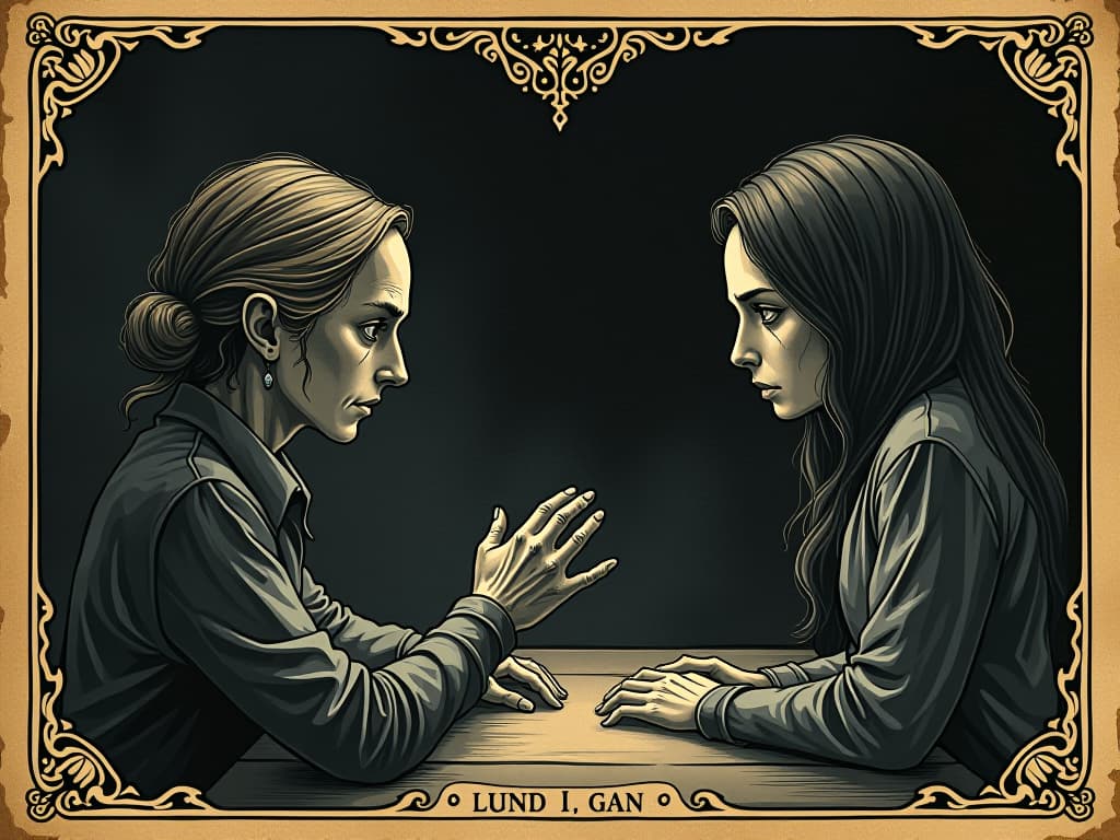  sideways glances, hushed conversations, dark background, tension in the air, anticipation, unease. an illustration in the style of a worn, mystical old tarot trump card, mysterious and elements of surrealism. the colors are muted, somber and eerie, but with contrast bring out an occult and esoteric vibe.