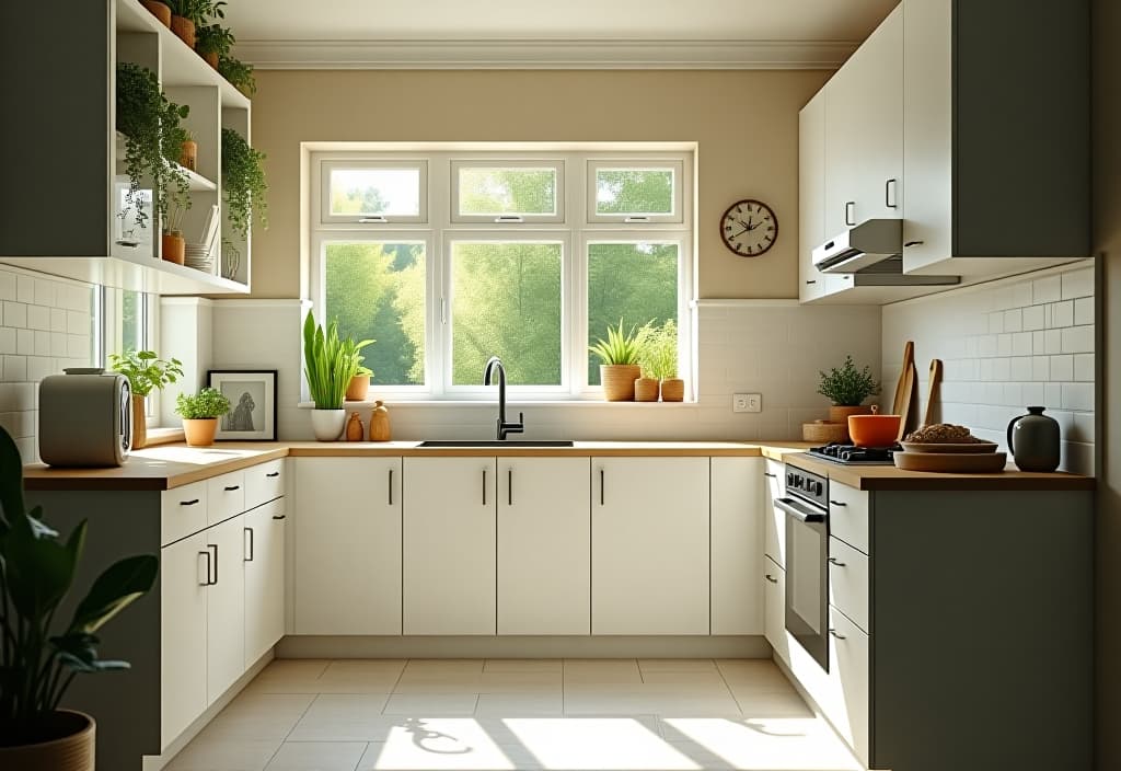  a landscape photo of a bright and airy small kitchen with a large window, white cabinets, a compact rolling island, and hanging plants creating a fresh, garden inspired atmosphere hyperrealistic, full body, detailed clothing, highly detailed, cinematic lighting, stunningly beautiful, intricate, sharp focus, f/1. 8, 85mm, (centered image composition), (professionally color graded), ((bright soft diffused light)), volumetric fog, trending on instagram, trending on tumblr, HDR 4K, 8K