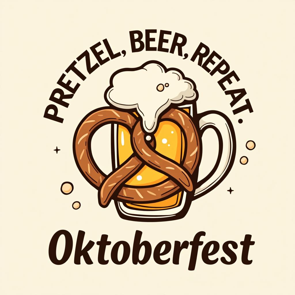  clean design with 'pretzel, beer, repeat.' in a circle around a pretzel and beer mug with subtle beer bubbles. place the word oktoberfest at the bottom of the image