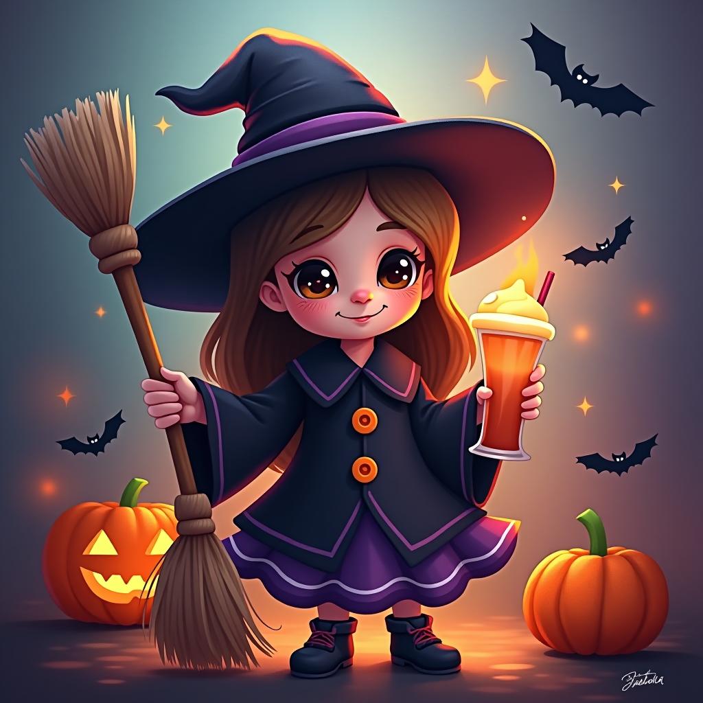  create a digital painting featuring a cute witch character. the witch should be wearing a hat. in one hand, the witch should hold a broomstick, and in the other hand, a halloween themed drink. the background should be colorful and include small black bats, pumpkins and stars to add a playful halloween touch. the overall style should be cute, whimsical, and colorful hyperrealistic, full body, detailed clothing, highly detailed, cinematic lighting, stunningly beautiful, intricate, sharp focus, f/1. 8, 85mm, (centered image composition), (professionally color graded), ((bright soft diffused light)), volumetric fog, trending on instagram, trending on tumblr, HDR 4K, 8K