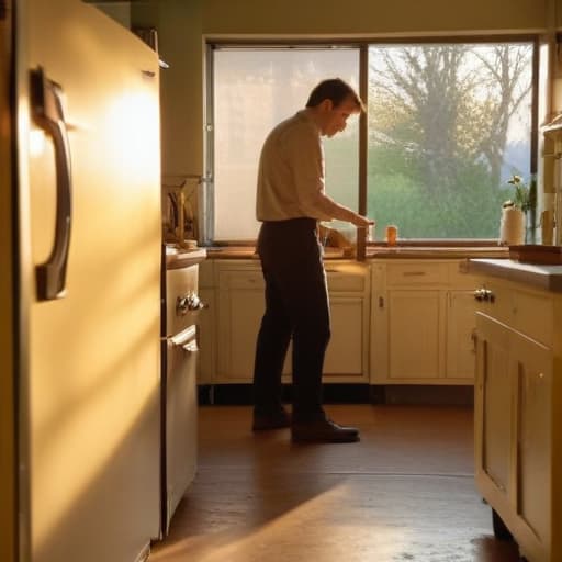 A photo of a skilled technician inspecting a vintage refrigerator in a retro-themed kitchen during the early morning light with a warm, golden glow casting elongated shadows across the polished countertops.