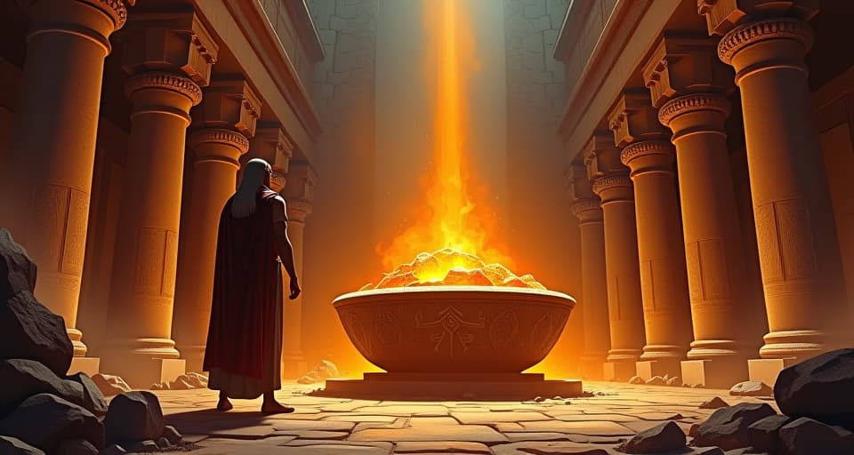  an enormous crucible in an ancient sanctum, molten material swirling within, divine light shining down, symbolizing a test of resolve and dedication. the style is digital art illustration / modern comic book / mysterious occult, symbolic, esoteric vibe,high detail on character design, incorporating ancient egyptian symbology and attire.