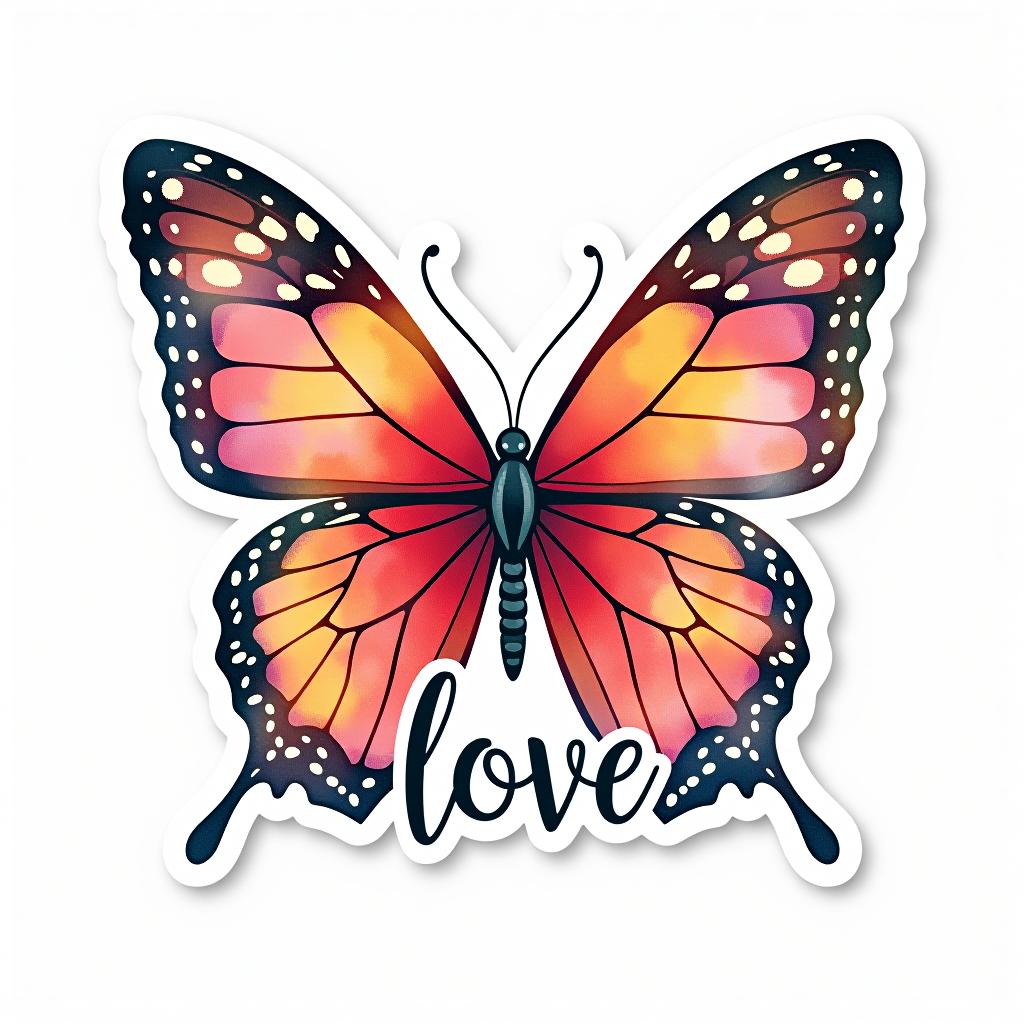  logo, custom sticker design on an isolated white background decorated by watercolor butterfly, with the text ‘love’