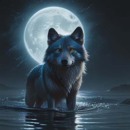 In a serene, moonlit night, a majestic Water Flying Wolf soars gracefully through the sky, its ethereal blue fur glistening with droplets of water. The magical creature is surrounded by a shimmering aura of mist, as it glides effortlessly above the sparkling ocean waves. The reflection of the full moon in the water below adds an enchanting touch to the scene, creating a sense of wonder and mystery. The wolf's eyes gleam with intelligence and power, hinting at its incredible strength and ability to control the element of water. The overall atmosphere is tranquil yet powerful, a harmonious blend of nature and magic. fantastical creatures or characters inspired by mythology, folklore, or popular culture. use vibrant colors, sharp lines, intric