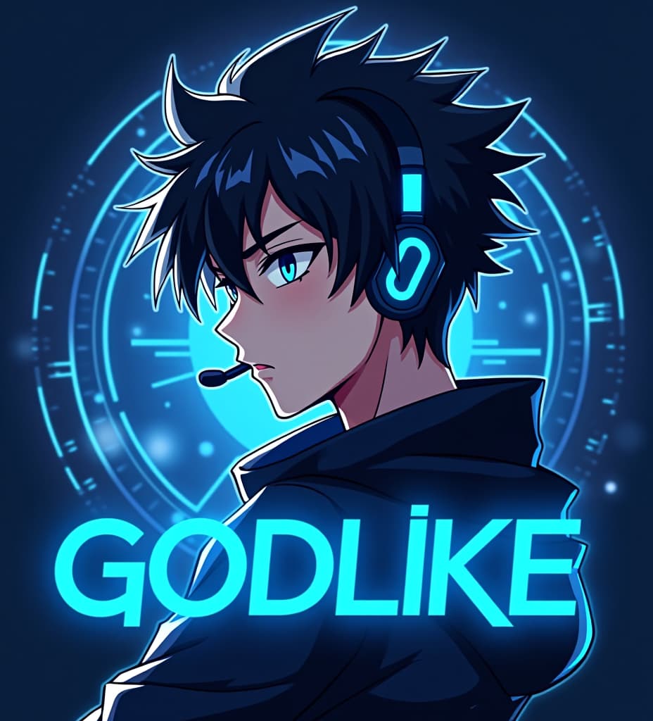  good quality, high quality, anime style profile picture design of a handsome boy with sharp, angular features, dark spiky hair, and glowing blue eyes, wearing a futuristic headset and sleek black outfit. the word "godlike" is in bold, stylized font with neon blue accents, in front of a digital design backdrop.