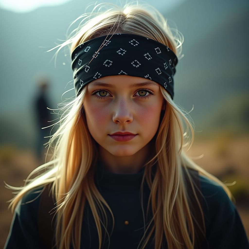  14 blonde, black bandana on head, , looking front. hyperrealistic, full body, detailed clothing, highly detailed, cinematic lighting, stunningly beautiful, intricate, sharp focus, f/1. 8, 85mm, (centered image composition), (professionally color graded), ((bright soft diffused light)), volumetric fog, trending on instagram, trending on tumblr, HDR 4K, 8K