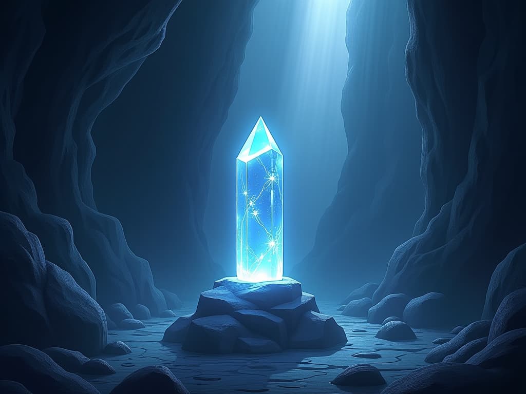  a radiant crystal emitting beams of light in a dark cave, providing clarity and direction. sheer, illuminating, crystalline.. the style is digital art illustration,highly detailed, whimsical,magical, dreamlike atmosphere, realism and fantasy blend, smooth, glossy textures,luminous quality, wonder and enchantment.