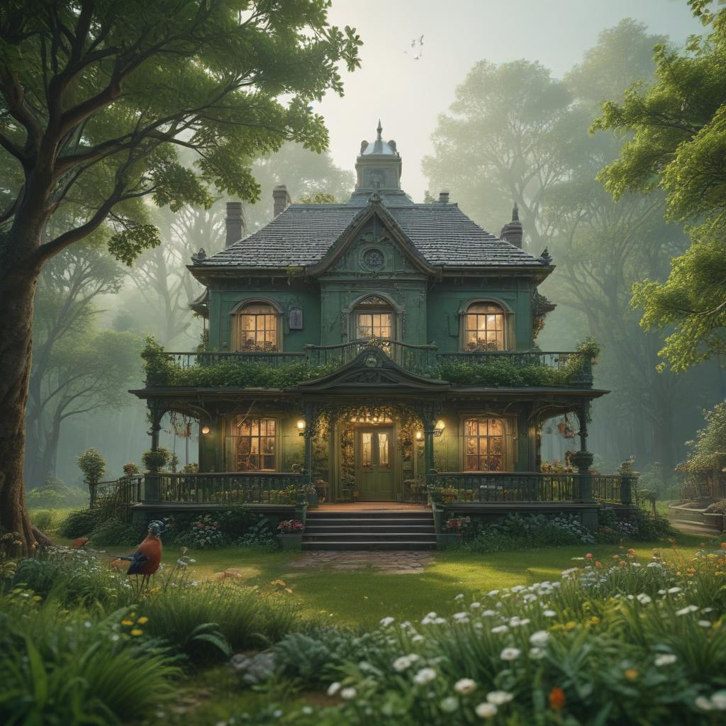 ((masterpiece)),(((best quality))), 8k, high detailed, ultra detailed,A cute green Q version building with intricate details, trees surrounding the structure, tiny people enjoying the scenery, birds flying in the sky, flowers blooming in the foreground hyperrealistic, full body, detailed clothing, highly detailed, cinematic lighting, stunningly beautiful, intricate, sharp focus, f/1. 8, 85mm, (centered image composition), (professionally color graded), ((bright soft diffused light)), volumetric fog, trending on instagram, trending on tumblr, HDR 4K, 8K