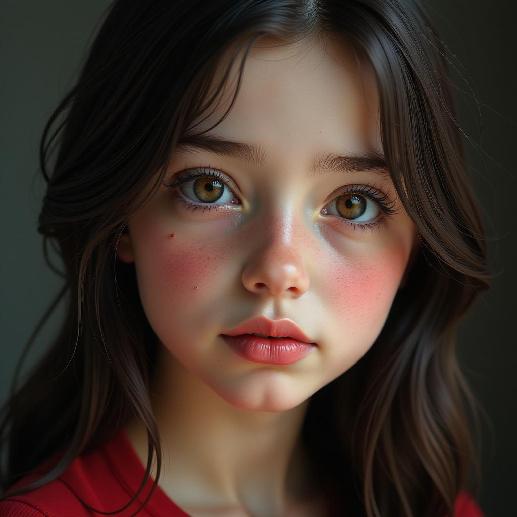  a girl with brown eyes, a round face shape, and a few pimples on her cheek. her lips are scarlet and plump. she has dark brown hair. her eyebrows are thick and black. she is uzbek. hyperrealistic, full body, detailed clothing, highly detailed, cinematic lighting, stunningly beautiful, intricate, sharp focus, f/1. 8, 85mm, (centered image composition), (professionally color graded), ((bright soft diffused light)), volumetric fog, trending on instagram, trending on tumblr, HDR 4K, 8K