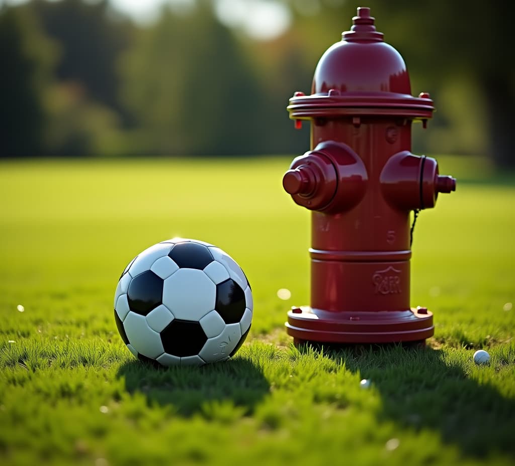  a soccer ball rests on the grass beside a fire hydrant, sunny daybackdrop subtly