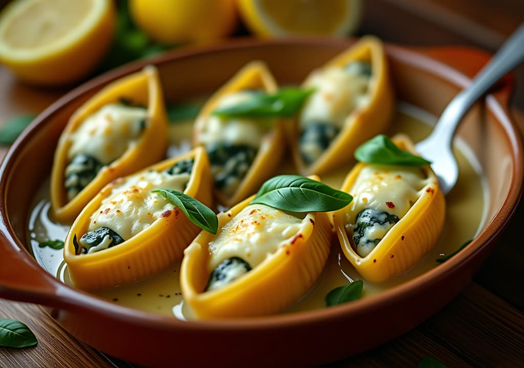  envision a mouthwatering close up of golden, cheese topped spinach and ricotta stuffed shells nestled in a creamy lemon basil sauce. the shells are arranged in a rustic ceramic baking dish, with vibrant green basil leaves and lemon wedges scattered around. a fork rests on the side of the dish, ready to dive in. the scene is set on a wooden table with a soft, warm light illuminating the dish, highlighting the melted cheese and the rich, creamy sauce., in the style of photographic hyperrealistic, full body, detailed clothing, highly detailed, cinematic lighting, stunningly beautiful, intricate, sharp focus, f/1. 8, 85mm, (centered image composition), (professionally color graded), ((bright soft diffused light)), volumetric fog, trending on instagram, trending on tumblr, HDR 4K, 8K