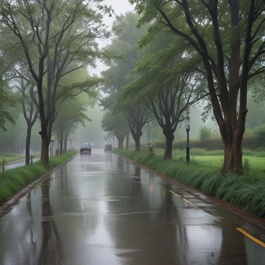 An impressionistic landscape capturing the essence of a rainy day.