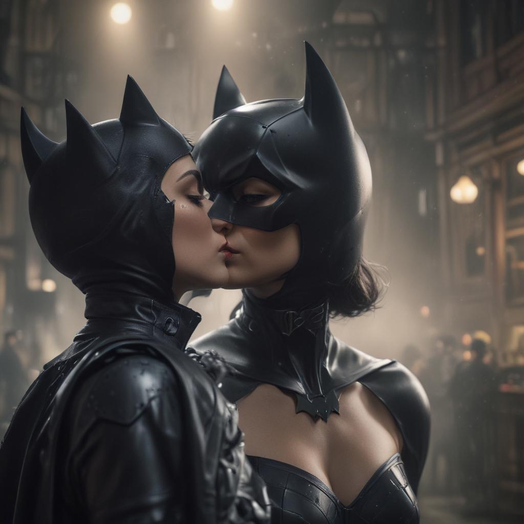 ((masterpiece)),(((best quality))), 8k, high detailed, ultra detailed, Cat Woman kissing Batman, close up shot, intense emotions, film noir aesthetic hyperrealistic, full body, detailed clothing, highly detailed, cinematic lighting, stunningly beautiful, intricate, sharp focus, f/1. 8, 85mm, (centered image composition), (professionally color graded), ((bright soft diffused light)), volumetric fog, trending on instagram, trending on tumblr, HDR 4K, 8K