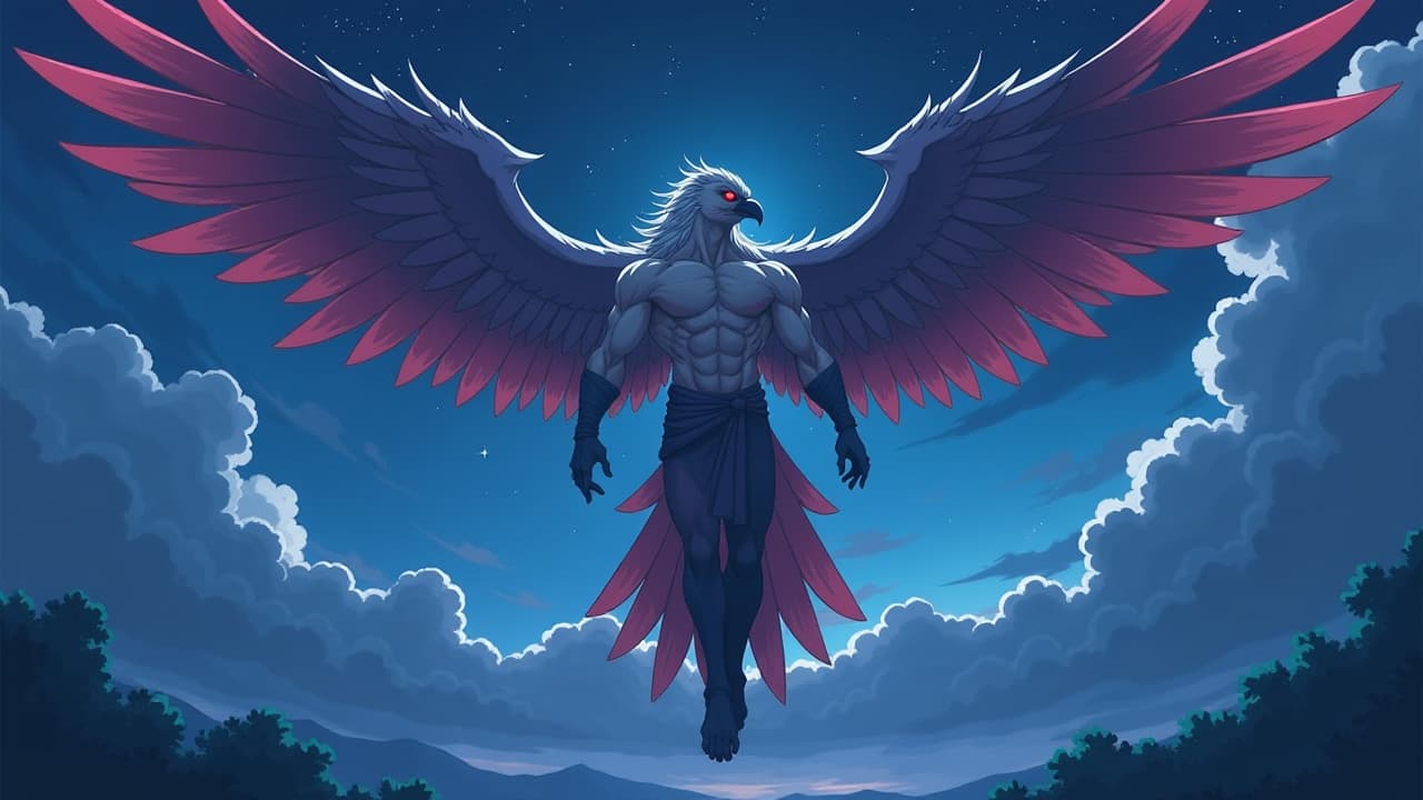  anime, anime sytle, anime image, cartoon, real cartoon, real anime, hybrid muscular mutant warrior of human and bird floating with godlike aura during night time