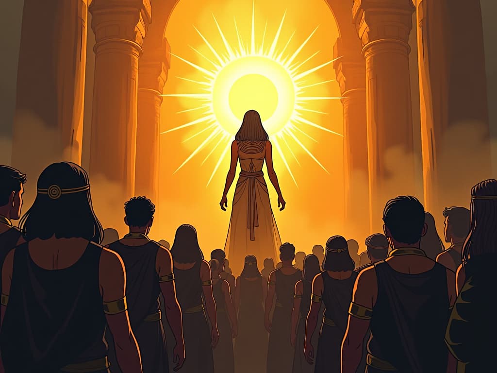  crowd gathering around a radiant figure, absorbing the truth emanating from her presence. the style is digital art illustration / modern comic book / mysterious occult, symbolic, esoteric vibe,high detail on character design, incorporating ancient egyptian symbology and attire.