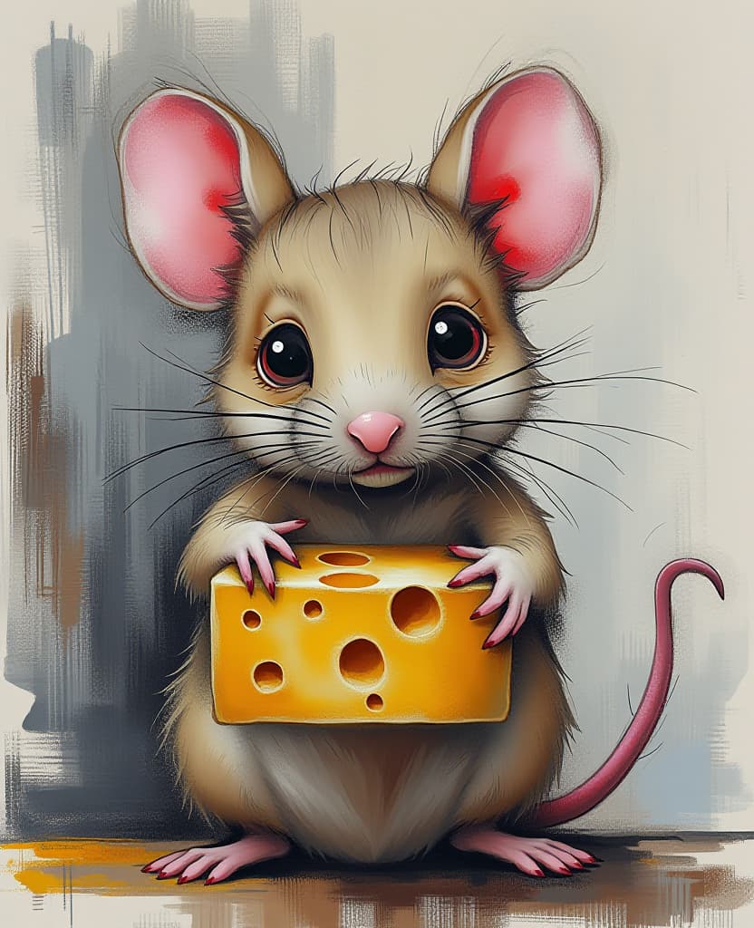  expressionist pastel painting, dry chalk. cute, charming mustached mouse holding a piece of maasdam cheese. detailed, hyper realistic, detailed and elaborate painting in the style of poster, manga, anime, with gothic elements. glitch art. in the manner of watercolors by peter sokolov. high quality and detail. . raw, emotional, dynamic, distortion for emotional effect, vibrant, use of unusual colors, detailed