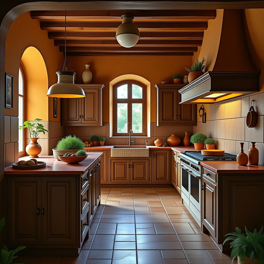  this unedited 8k photograph captures the essence of a tuscan style kitchen, defined by its warm earth tones, textured walls, and rustic elements, reflecting the inspiration from italian tuscany. the image, taken in raw format, boasts hyperrealistic, highly detailed visuals with a stunningly beautiful and intricate appearance. it features a sharp focus, symmetrical balance, and is professionally color graded with bright, soft, diffused light in hdr. the kitchen is portrayed as the heart of the home, where meals are prepared amidst dense furnishings and decorations, all enhanced by the photograph's hyperrealistic quality.