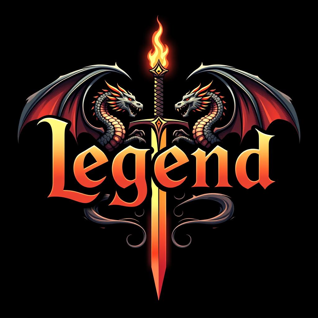  design a logo, custom sticker design on an isolated black background with the words ‘legend’ in bold font decorated by mythical dragons and a flaming sword