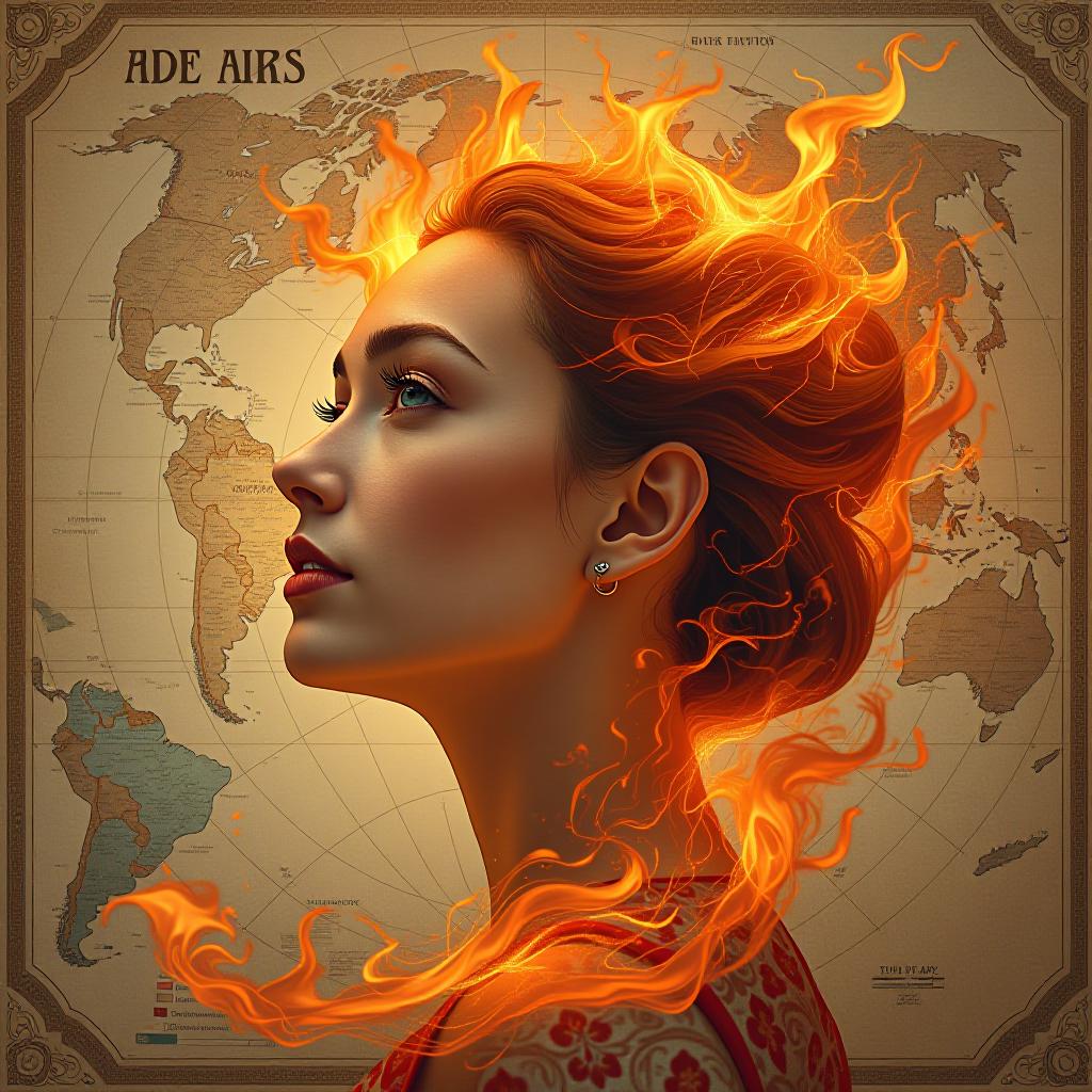  create a metaphorical map featuring an image of a woman representing the fire element.