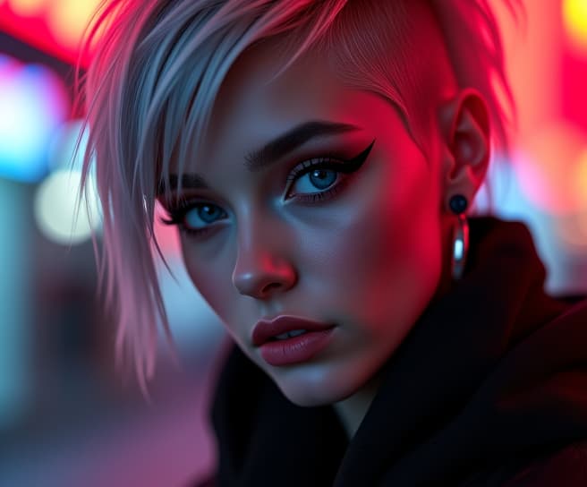  ultra realistic close up portrait ((beautiful pale cyberpunk female with heavy black eyeliner)), blue eyes, shaved side haircut, hyper detail, cinematic lighting, magic neon, dark red city, canon eos r3, nikon, f/1.4, iso 200, 1/160s, 8k, raw, unedited, symmetrical balance, in frame, 8k hyperrealistic, full body, detailed clothing, highly detailed, cinematic lighting, stunningly beautiful, intricate, sharp focus, f/1. 8, 85mm, (centered image composition), (professionally color graded), ((bright soft diffused light)), volumetric fog, trending on instagram, trending on tumblr, HDR 4K, 8K