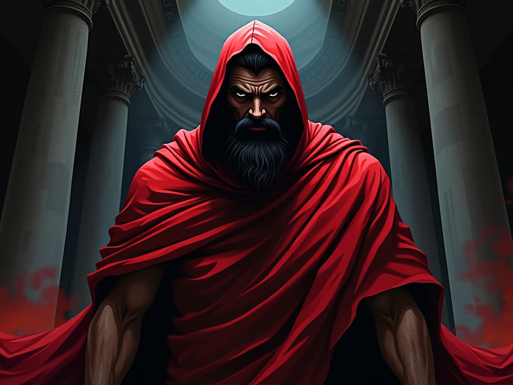  brutus like figure in red toga, roman senate, cloak billowing, face etched with grim determination, historical betrayal setting. the style is digital art illustration / modern comic book / graphic dark novel fantasy and mysterious occult, symbolic, moody lighting, esoteric vibe,high detail on character design. for the color scheme emphasize blacks and reds.