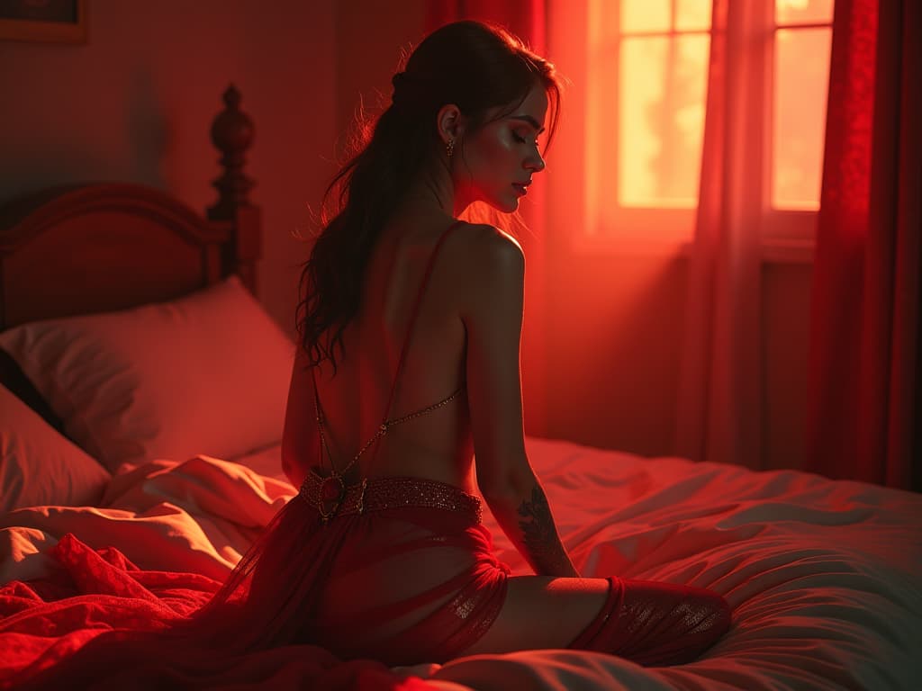  beautiful naked indian shy girl on her first wedding bed waiting for her husband, beautiful red hyperrealistic, full body, detailed clothing, highly detailed, cinematic lighting, stunningly beautiful, intricate, sharp focus, f/1. 8, 85mm, (centered image composition), (professionally color graded), ((bright soft diffused light)), volumetric fog, trending on instagram, trending on tumblr, HDR 4K, 8K