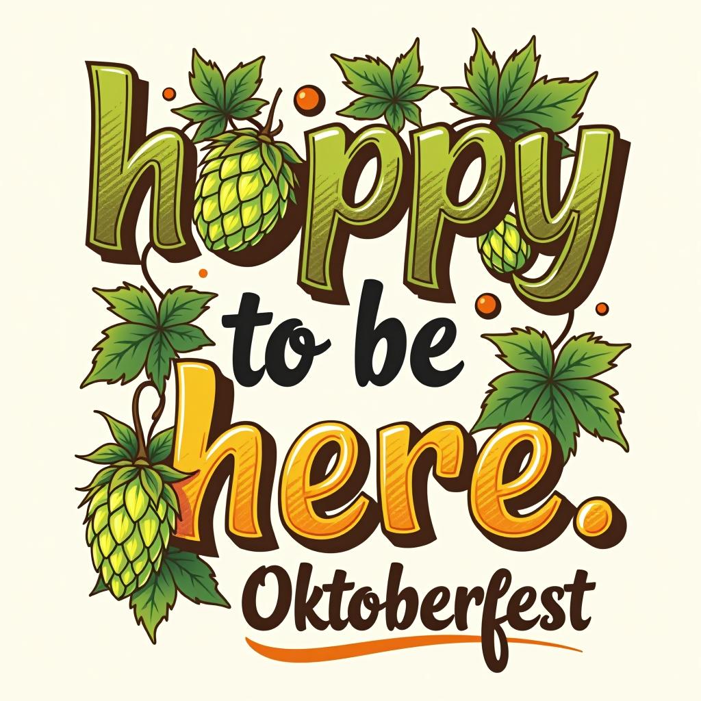  playful 'hoppy to be here.' bold font with hop flower and oktoberfest elements. place the word oktoberfest at the bottom of the image