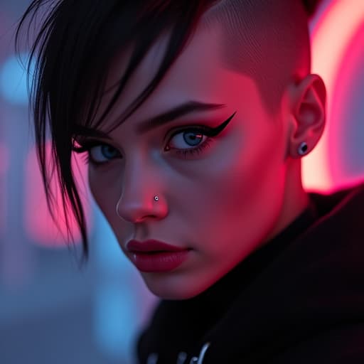  ultra realistic close up portrait ((beautiful pale cyberpunk female with heavy black eyeliner)), blue eyes, shaved side haircut, hyper detail, cinematic lighting, magic neon, dark red city, canon eos r3, nikon, f/1.4, iso 200, 1/160s, 8k, raw, unedited, symmetrical balance, in frame, 8k hyperrealistic, full body, detailed clothing, highly detailed, cinematic lighting, stunningly beautiful, intricate, sharp focus, f/1. 8, 85mm, (centered image composition), (professionally color graded), ((bright soft diffused light)), volumetric fog, trending on instagram, trending on tumblr, HDR 4K, 8K