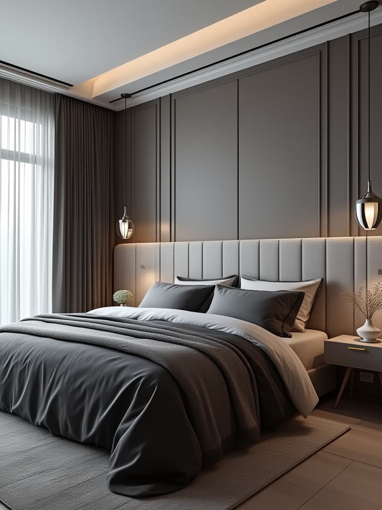  high quality portrait photo of an elegant monochromatic bedroom with varying shades of warm gray, from light walls to charcoal bedding, accented with silver and mirrored surfaces, lit by sleek modern pendant lights, viewed from a wide angle hyperrealistic, full body, detailed clothing, highly detailed, cinematic lighting, stunningly beautiful, intricate, sharp focus, f/1. 8, 85mm, (centered image composition), (professionally color graded), ((bright soft diffused light)), volumetric fog, trending on instagram, trending on tumblr, HDR 4K, 8K