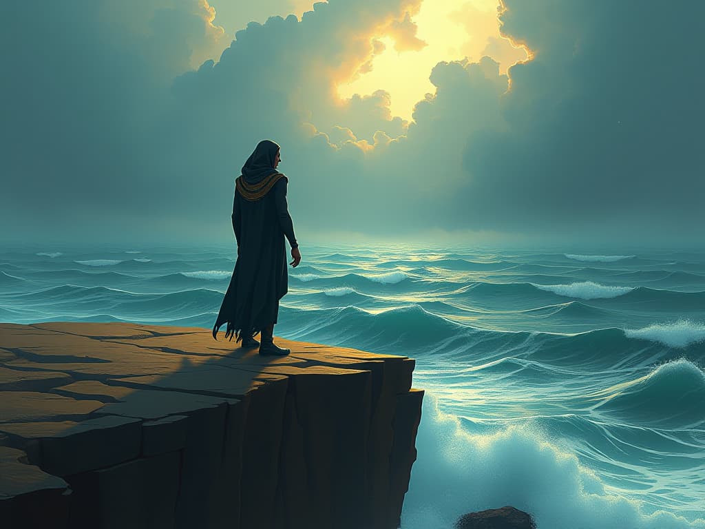  figure standing alone on a barren cliff, waves crashing below, sky filled with storm clouds, mood of reflection and inner strength. the style is digital art illustration / modern comic book / mysterious occult, symbolic, esoteric vibe,high detail on character design, incorporating ancient egyptian symbology and attire.