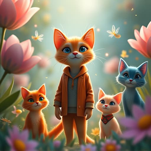  in a whimsical scene from the play cat, mamad, a young with a mischievous glint in his eye, stands amidst a vint garden. he is surrounded by an array of colorful feline companions, each with expressive eyes and poses. the setting is a lush, fantastical world where oversized flowers bloom in hues of pastel pinks and blues, casting a dreamy glow over the scene. erflies flit around, leaving trails of shimmering light in their wake. mamad's laughter echoes through the air, filling the space with a sense of joy and wonder. the soft, flowing strokes of the image enhance the magical atmosphere, capturing the essence of a carefree hood adventure. hyperrealistic, full body, detailed clothing, highly detailed, cinematic lighting, stunningly beautiful