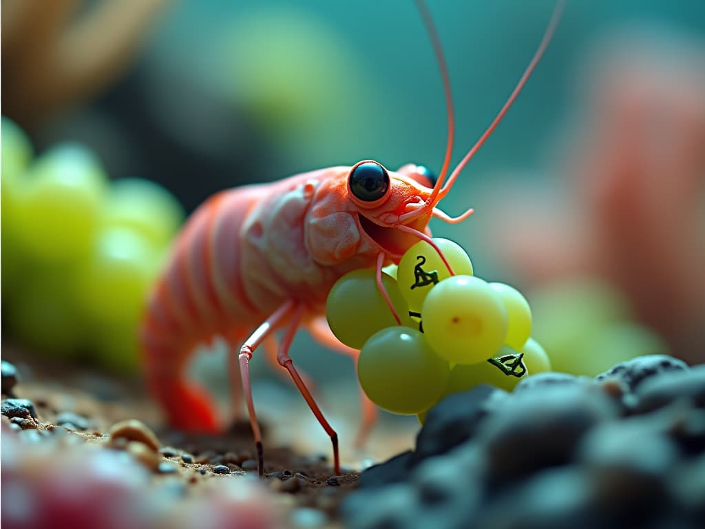  a colorless shrimp on the seabed smiles happily while eating green grapes. cartoon style. colorful. firooze hyperrealistic, full body, detailed clothing, highly detailed, cinematic lighting, stunningly beautiful, intricate, sharp focus, f/1. 8, 85mm, (centered image composition), (professionally color graded), ((bright soft diffused light)), volumetric fog, trending on instagram, trending on tumblr, HDR 4K, 8K