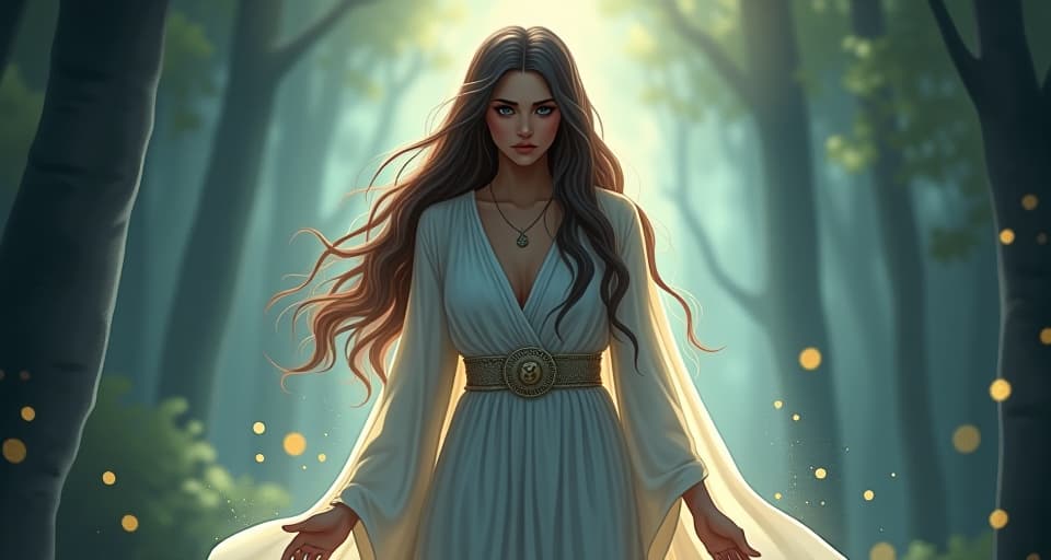  a serene goddess in ethereal, flowing robes, with a sorrowful expression, standing in a luminous forest. her eyes reflect inner turmoil, an aura of silent struggle surrounding her.. the style is digital art illustration,highly detailed, whimsical,magical, dreamlike atmosphere, realism and fantasy blend, smooth, glossy textures,luminous quality, wonder and enchantment.