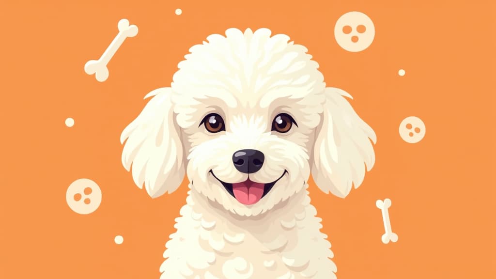  flat illustration, flaticon, (illustration:1.15), portrait of fluffy white poodle puppy, smiling poodle looking at camera, cartoon drawn circles with bones inside circles flying around dog head, orange pastel solid background ar 3:2 ar 16:9, [cory loftis, strobist, pascal campion :: 0.2]