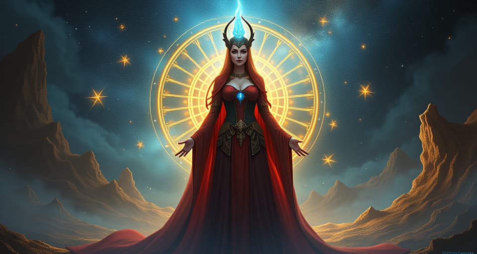  a powerful sorceress standing in front of a glowing portal, a stern look on her face. celestial symbols floating around, presence as a living reminder, universe watching.. the style is digital art illustration,highly detailed, whimsical,magical, dreamlike atmosphere, realism and fantasy blend, smooth, glossy textures,luminous quality, wonder and enchantment.