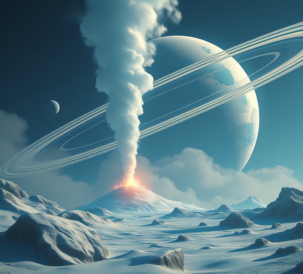  please generate an image depicting a cryogeyser erupting on a frigid desolate moon of an azure ringed giant planet spewing a plume of volatiles high in the sky that partially obscures the looming giant planet in the sky and its imposing rings system. give it a retro bonestell like charm and make it photorealistic with high details and realistic reflections., high quality, high details, hd, perfect composition, 4k epic detailed, highly detailed, sharp focus, high resolution